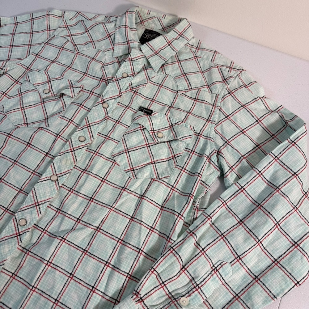 Southern Thread Mens Medium Western Snap Shirt Blue Red Plaid Frayed Hem Cotton